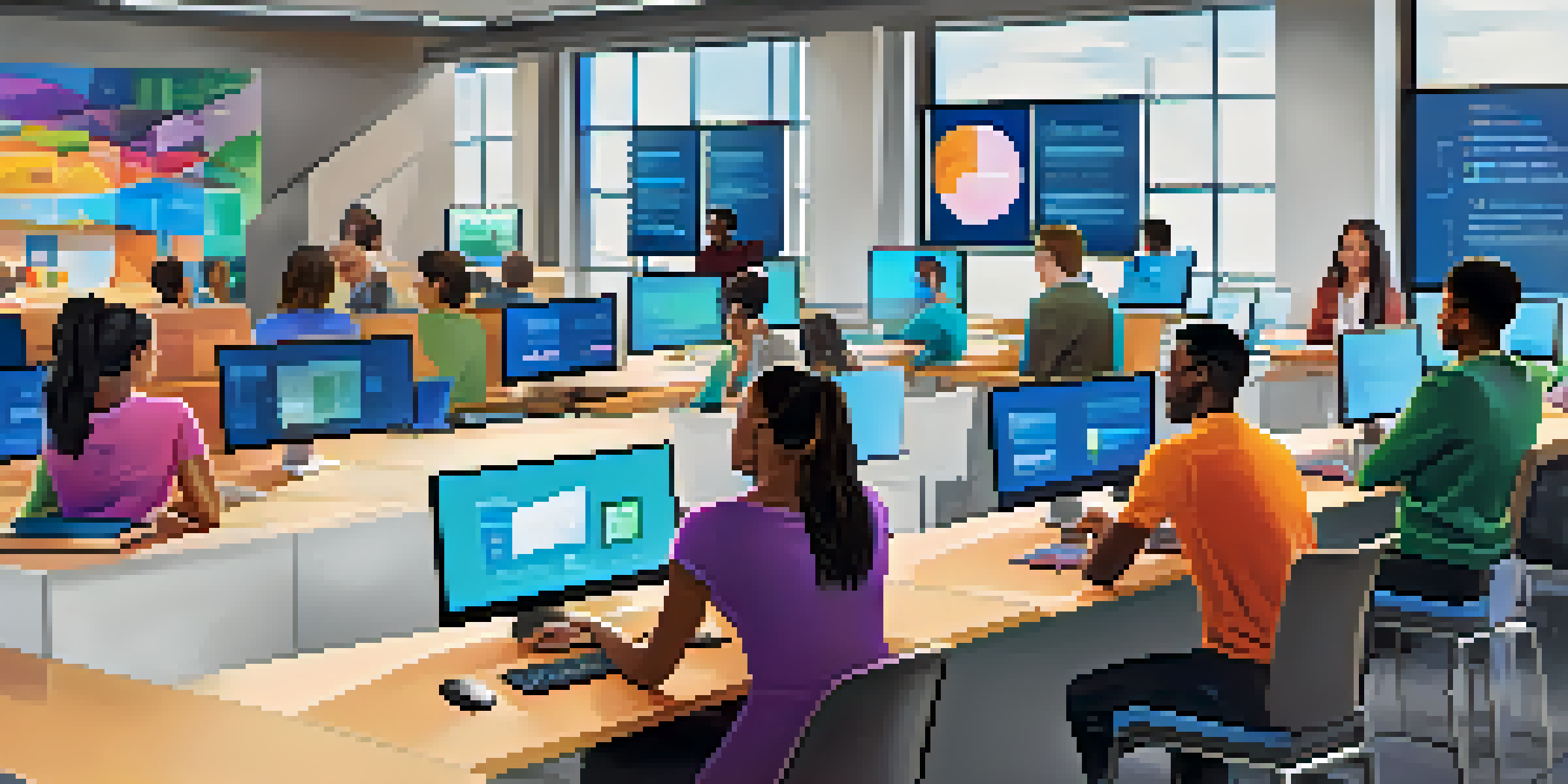 A bright and modern online learning environment with diverse individuals engaged in courses, surrounded by colorful graphics and natural light.