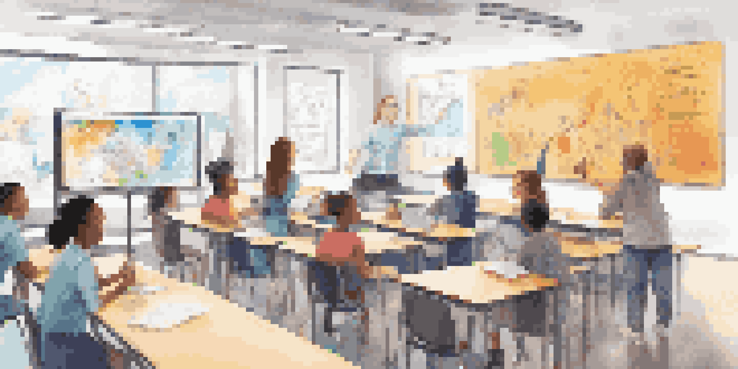 A vibrant classroom with diverse students using laptops, a teacher assisting a student, and a digital whiteboard showing analytics.
