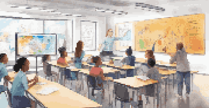 A vibrant classroom with diverse students using laptops, a teacher assisting a student, and a digital whiteboard showing analytics.