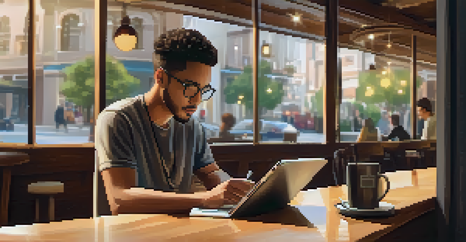 A person studying at a cafe, focused on an online course on a tablet with a cup of coffee beside them.