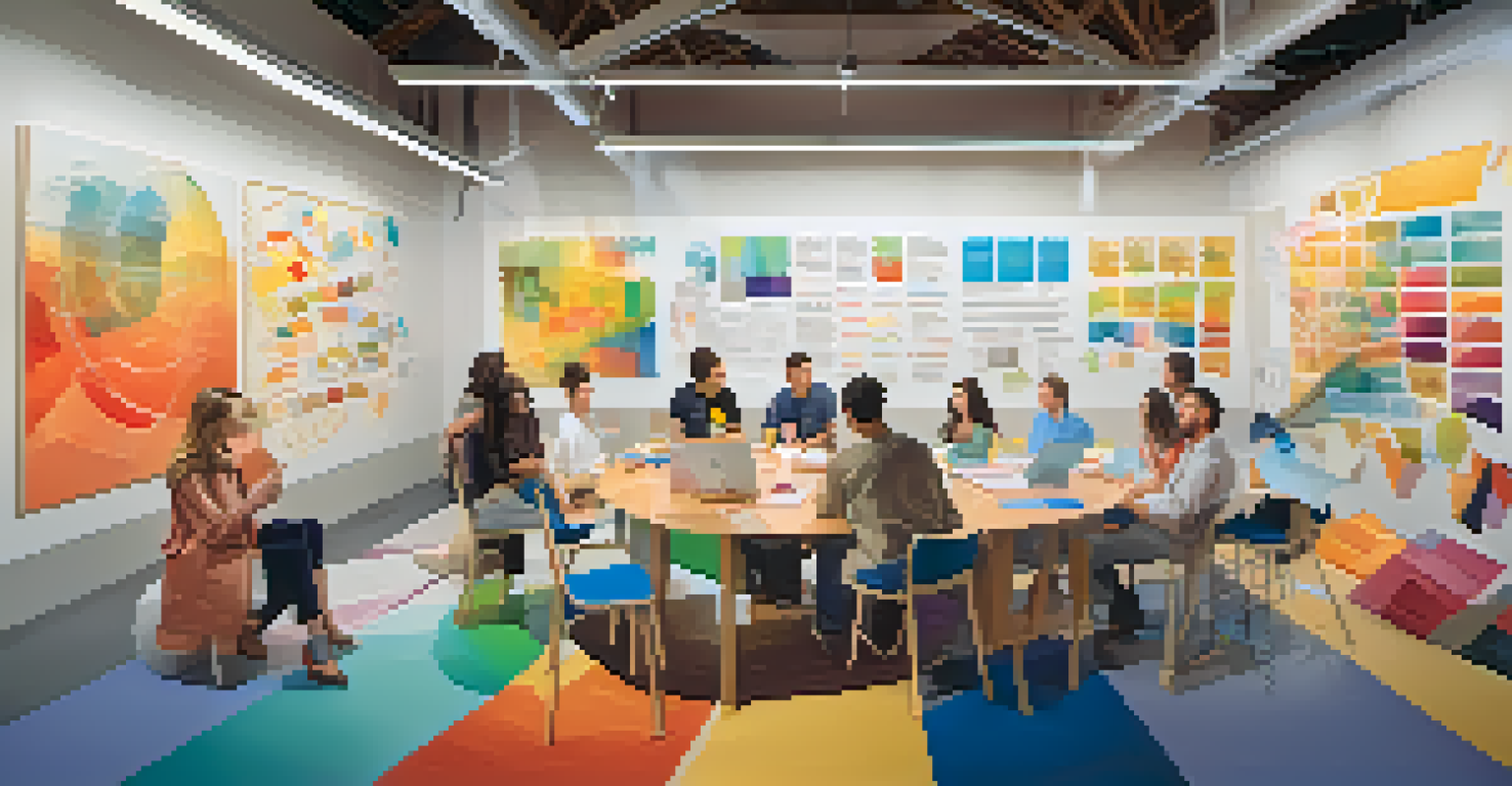 An artistic depiction of the design thinking process with students engaged in various phases, surrounded by vibrant colors.