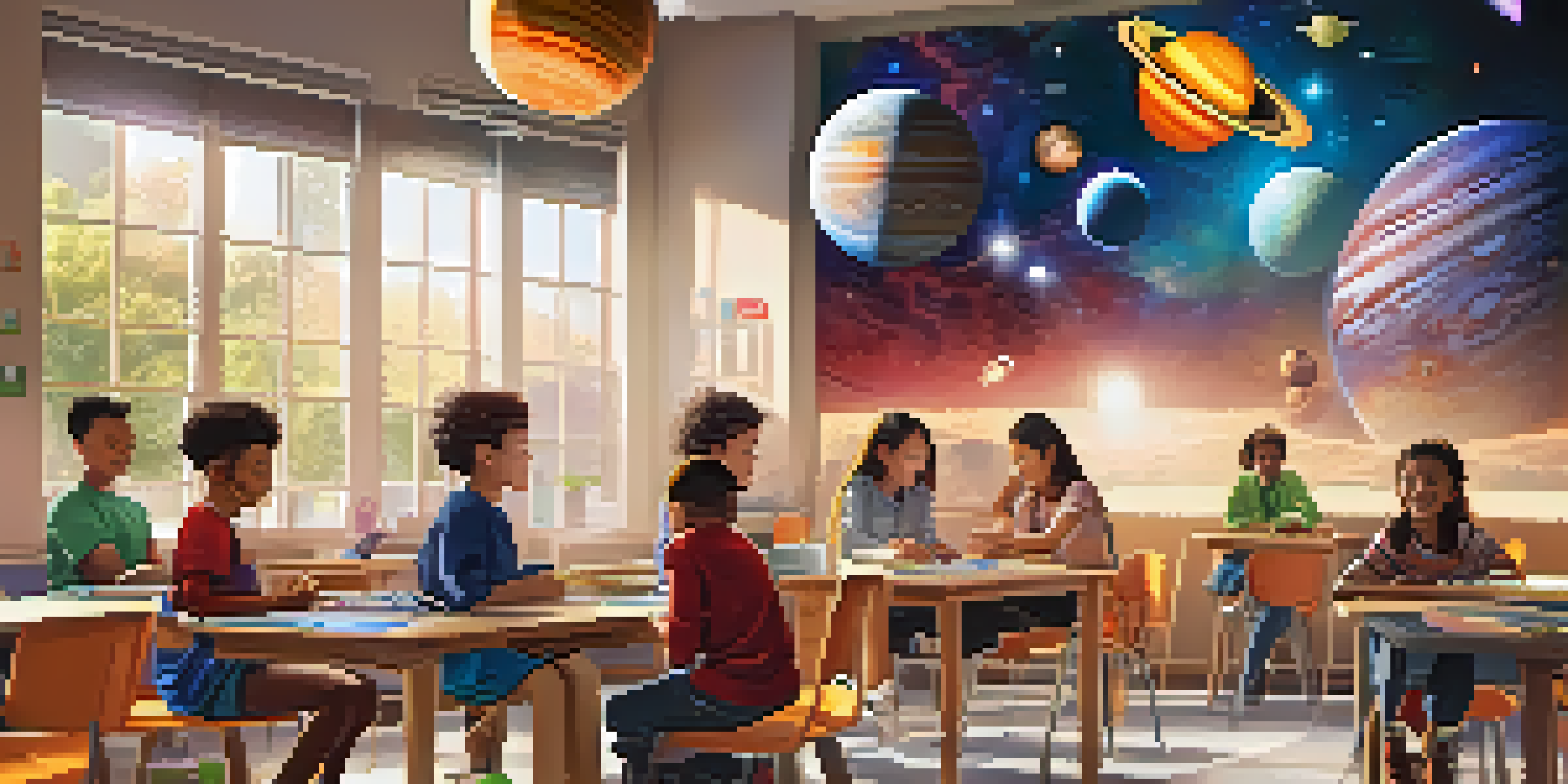 A classroom with students using Augmented Reality headsets to explore a 3D model of the solar system, with colorful planets floating in the air.