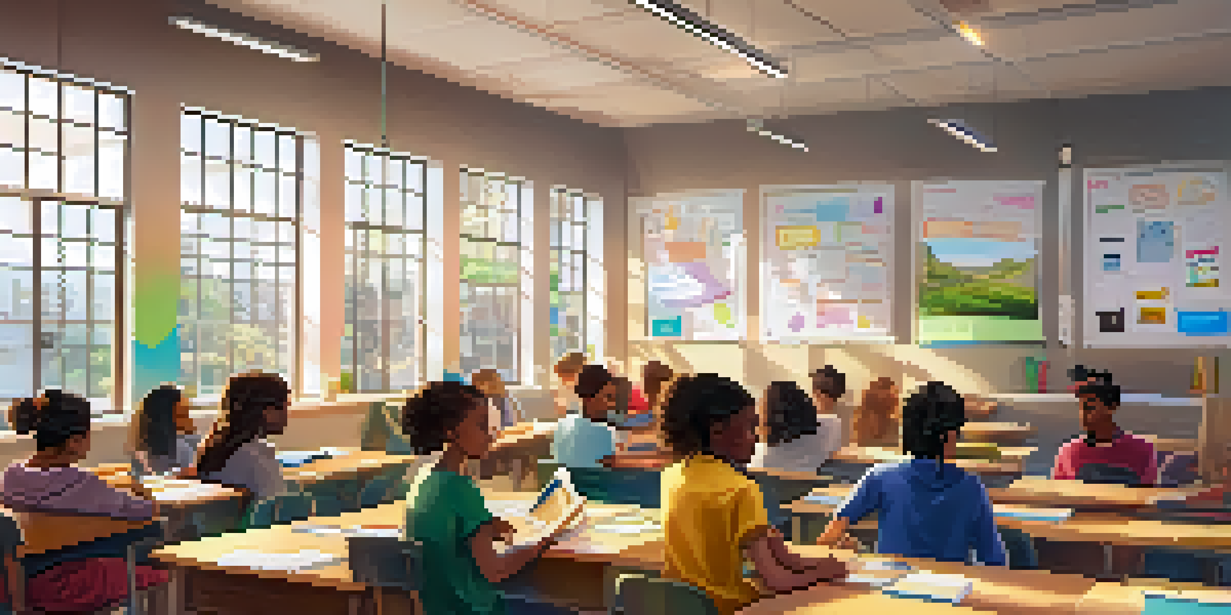 A classroom with diverse students using digital tools and collaborating on projects, with colorful decorations and natural light.