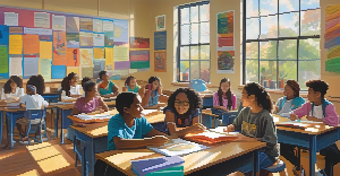 A diverse group of students actively collaborating in a bright classroom filled with educational materials and art supplies.