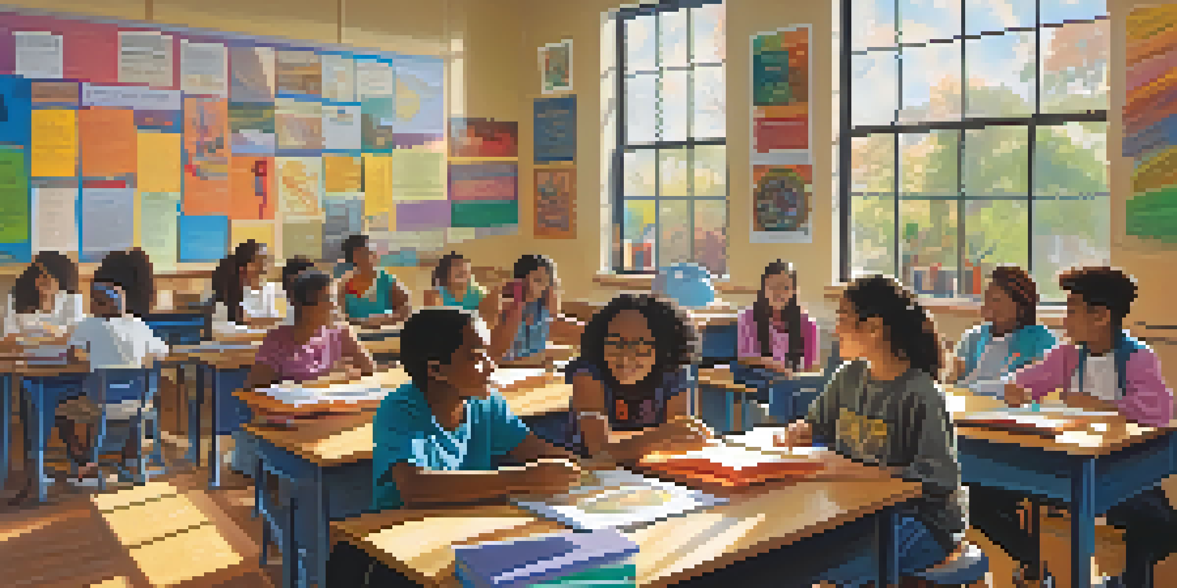 A diverse group of students actively collaborating in a bright classroom filled with educational materials and art supplies.