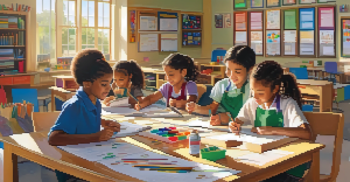 A diverse group of students in a colorful classroom engaged in hands-on learning activities, with educational materials and sunlight streaming in.