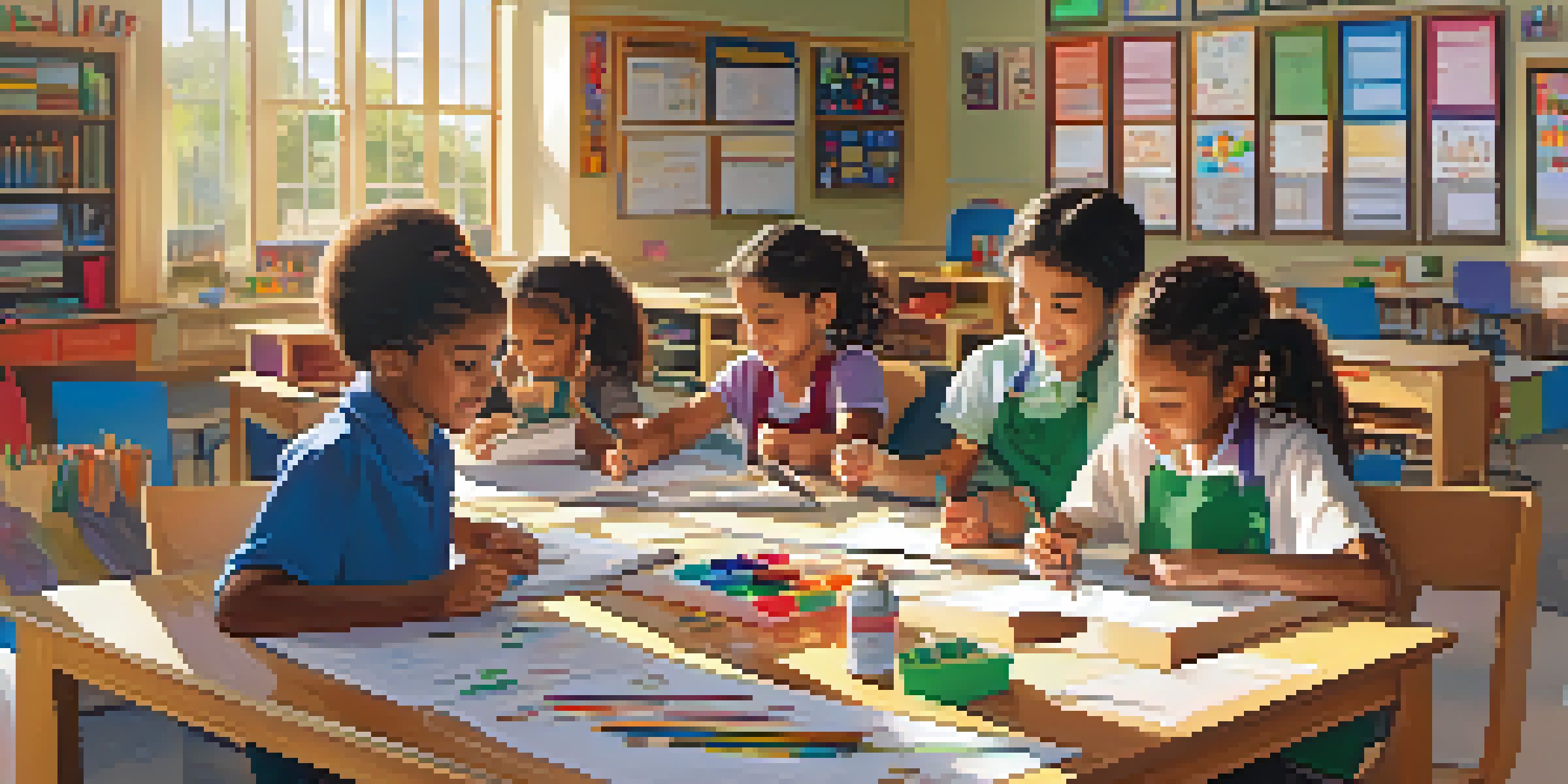 A diverse group of students in a colorful classroom engaged in hands-on learning activities, with educational materials and sunlight streaming in.