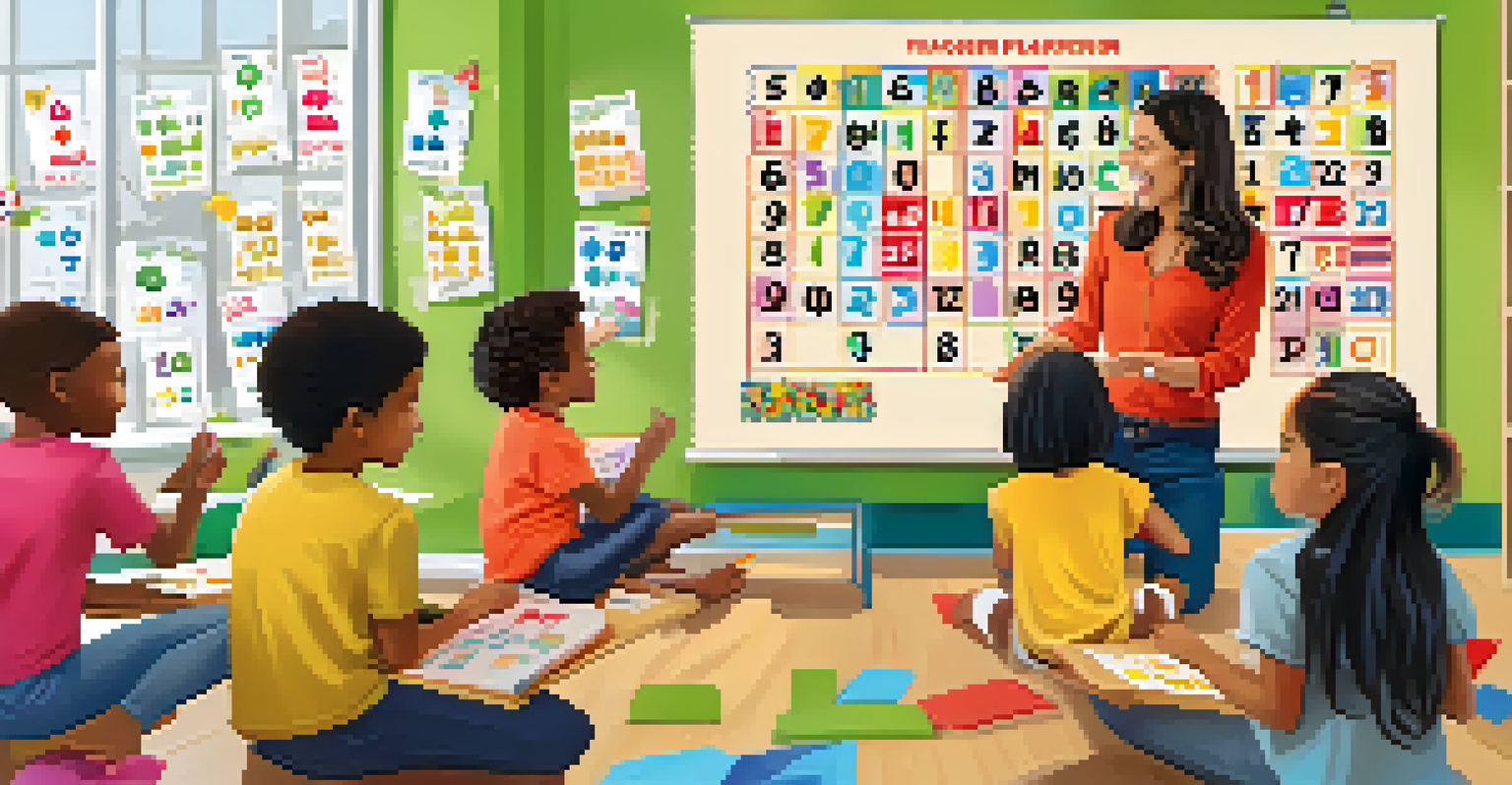 A teacher facilitating a math bingo game with enthusiastic students in a bright and organized classroom setting.