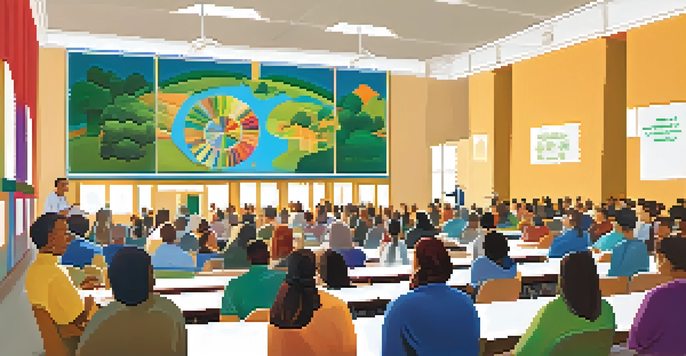 A diverse group of community members engaged in a meeting in a school auditorium, discussing education policies with charts on a screen.