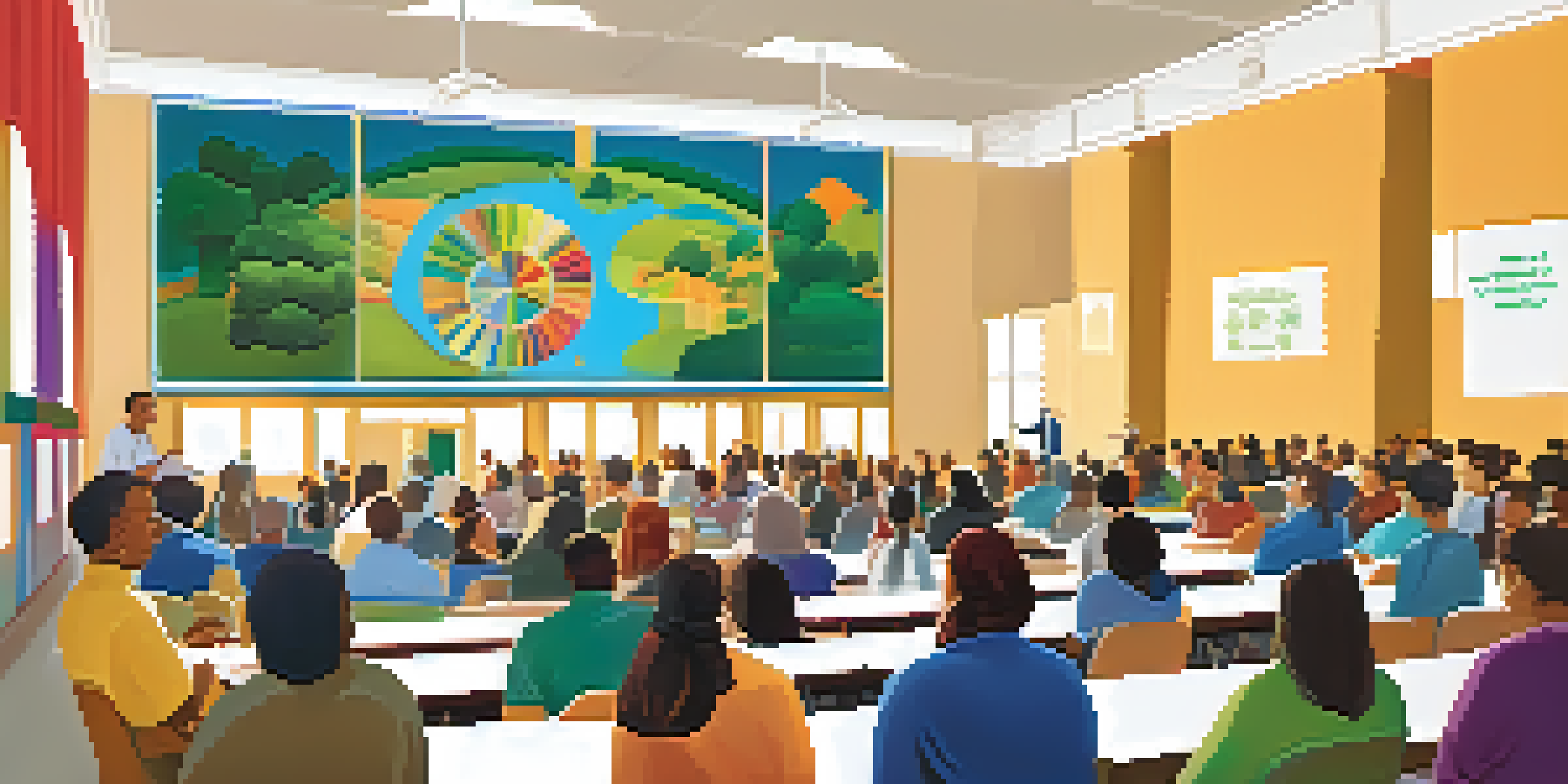 A diverse group of community members engaged in a meeting in a school auditorium, discussing education policies with charts on a screen.