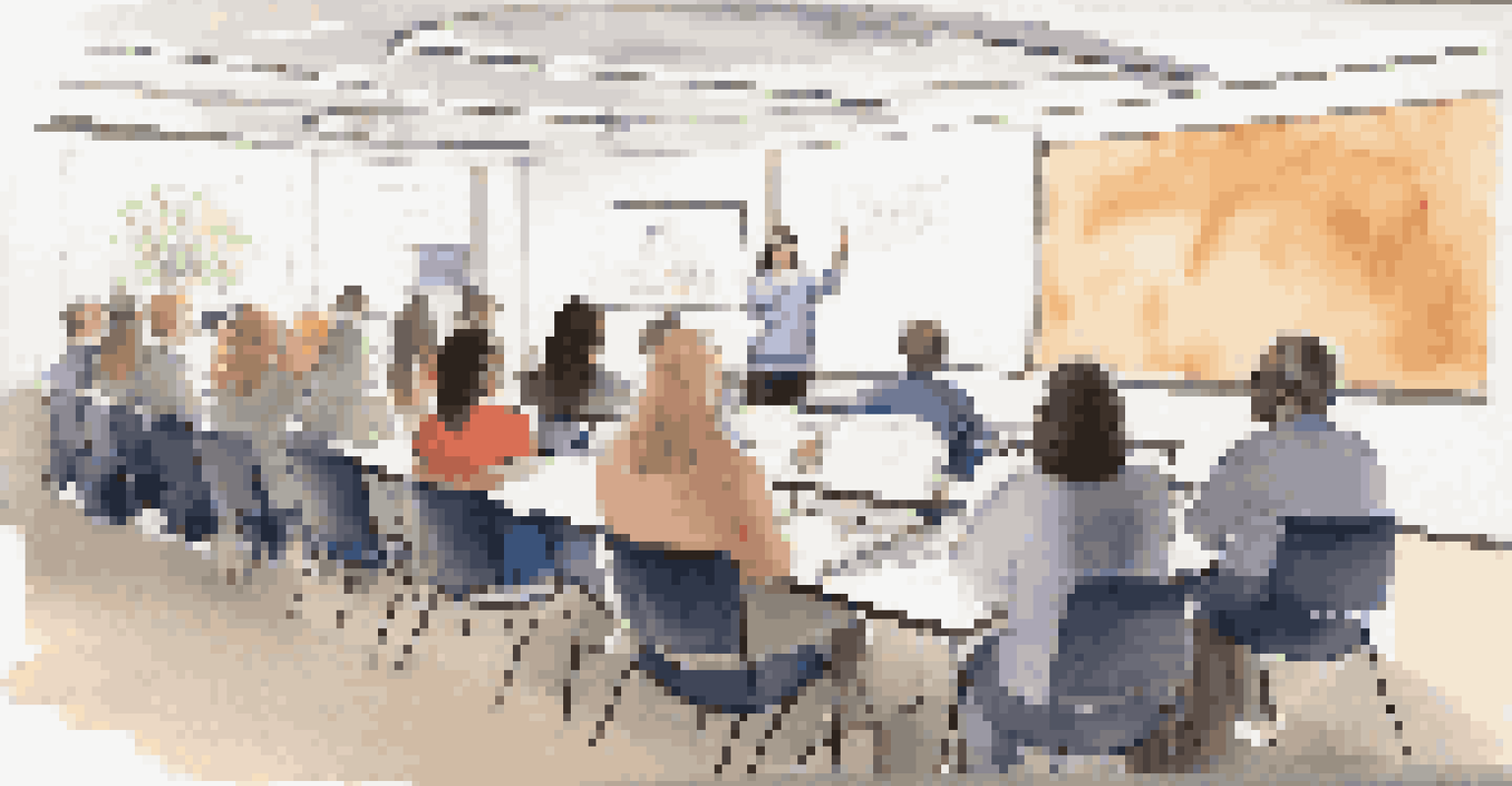A group of diverse teachers in a workshop, learning about blended assessment tools from a presenter. The room is bright and collaborative with resources visible.