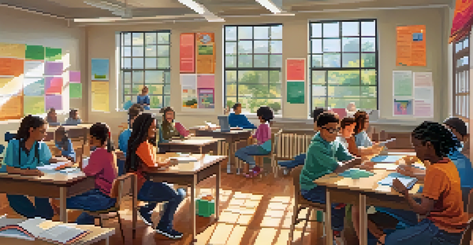 A colorful classroom with diverse students working together at a table, discussing educational materials in a warm, inviting environment.