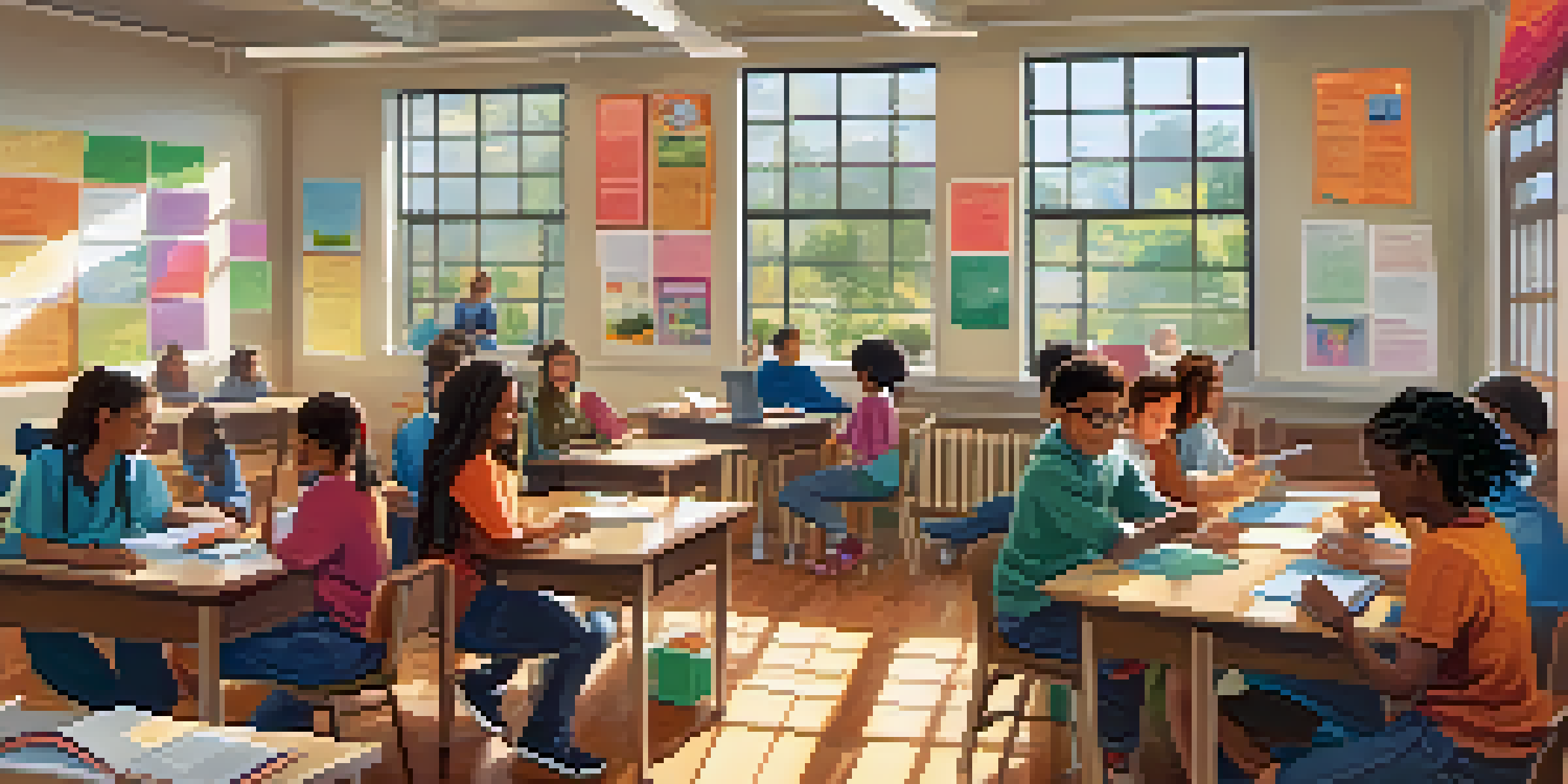 A colorful classroom with diverse students working together at a table, discussing educational materials in a warm, inviting environment.