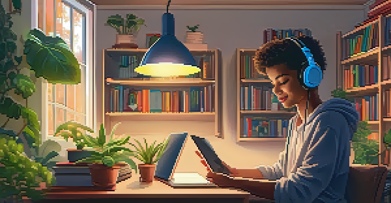 A student in a cozy study space listening to a podcast on a tablet, surrounded by plants and books, illuminated by a warm lamp.