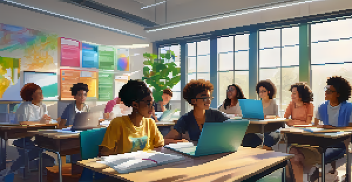 A diverse group of students participating in an online class discussion with laptops and vibrant virtual backgrounds.