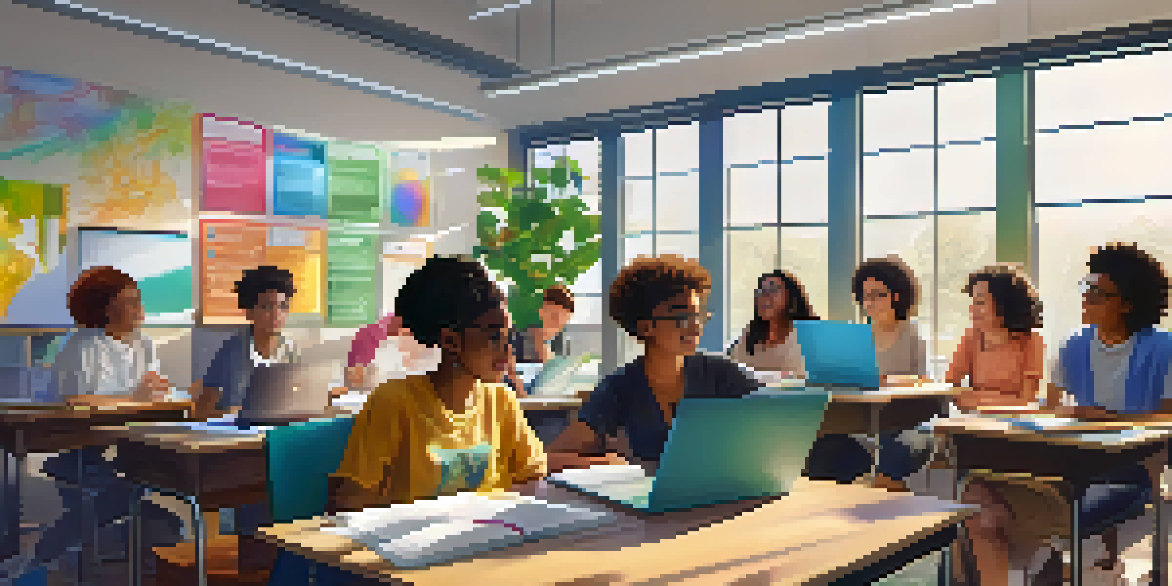 A diverse group of students participating in an online class discussion with laptops and vibrant virtual backgrounds.