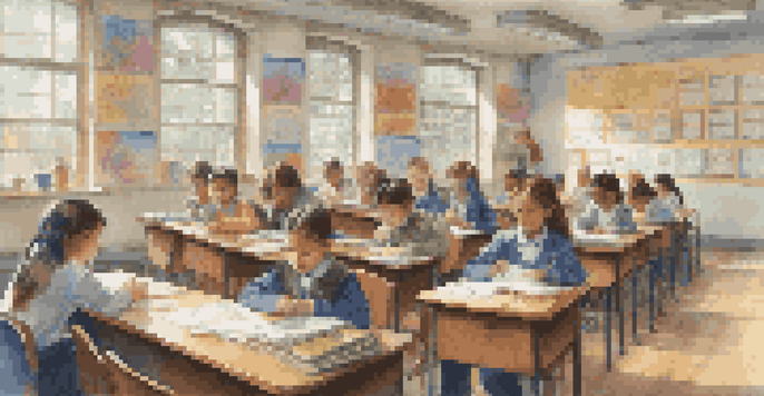 A classroom scene with students taking a timed assessment, showing focus and concentration.