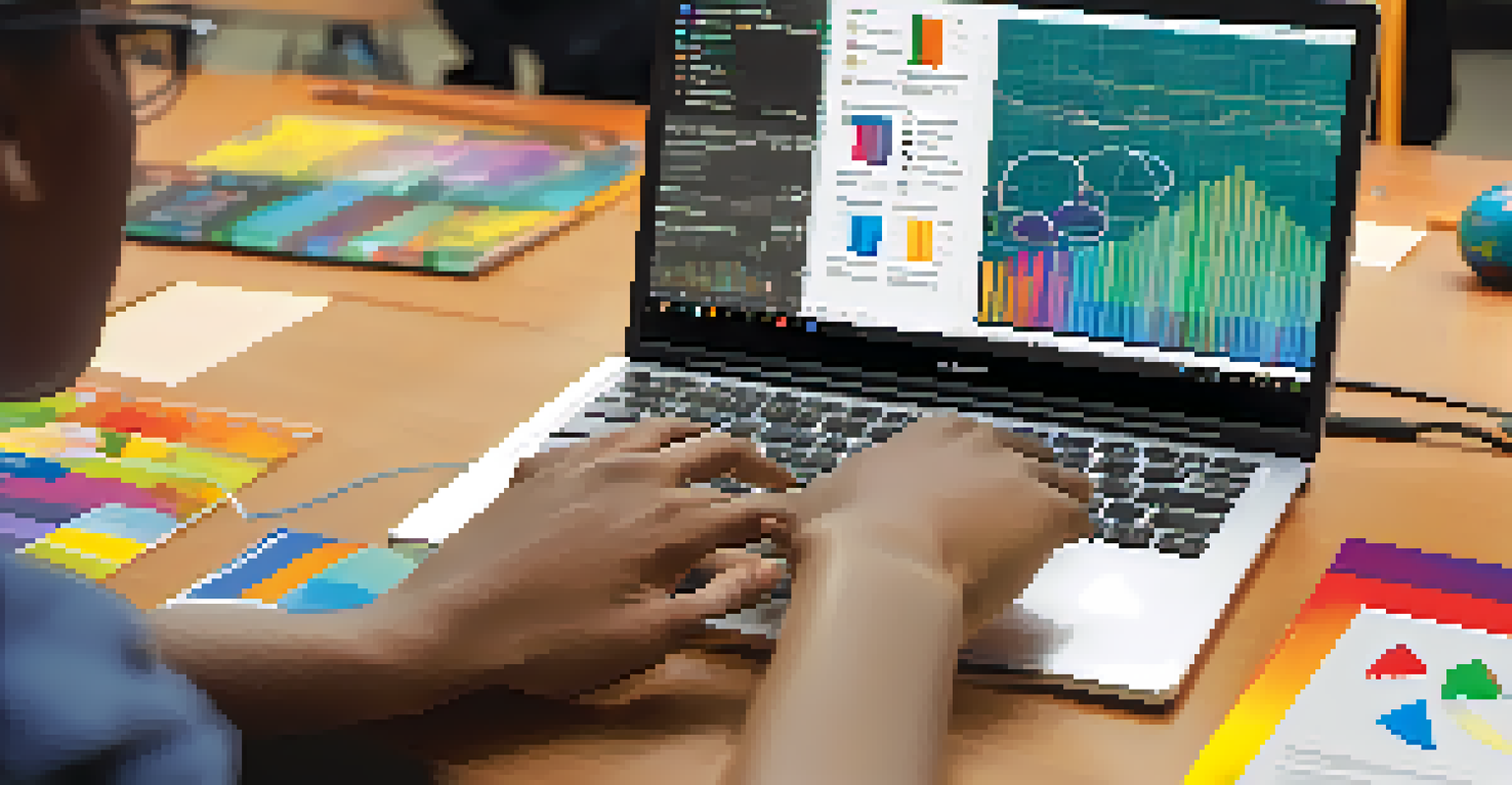 A close-up of a student's hands using a laptop for a collaborative project, with colorful graphs on the screen.
