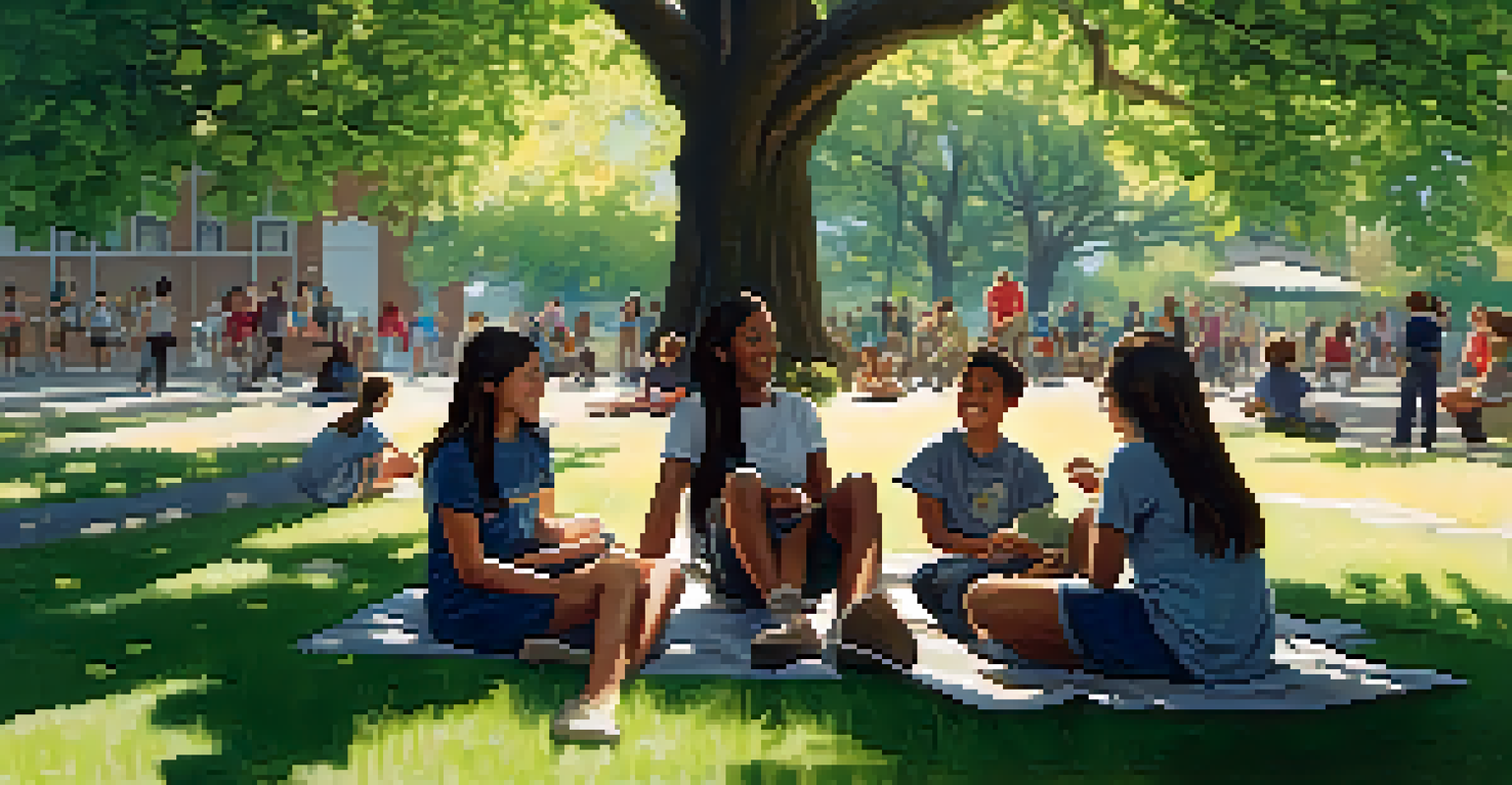 Students engaged in a collaborative project outdoors under a tree, surrounded by nature.