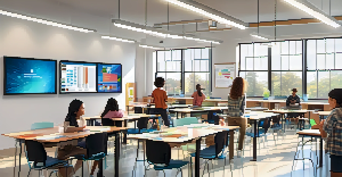 A vibrant classroom scene with diverse students actively engaging with digital learning tools and collaborating on projects.