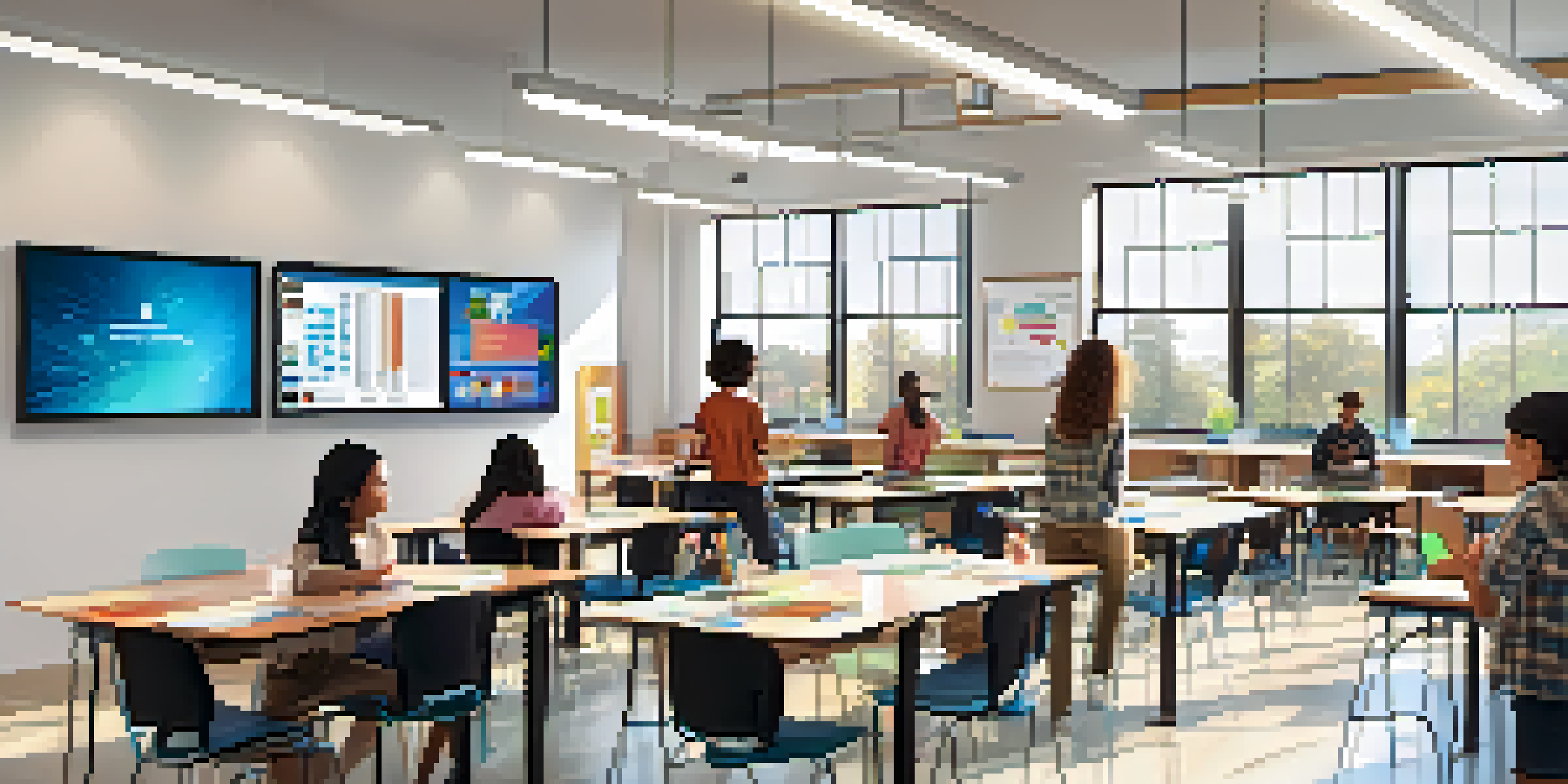 A vibrant classroom scene with diverse students actively engaging with digital learning tools and collaborating on projects.