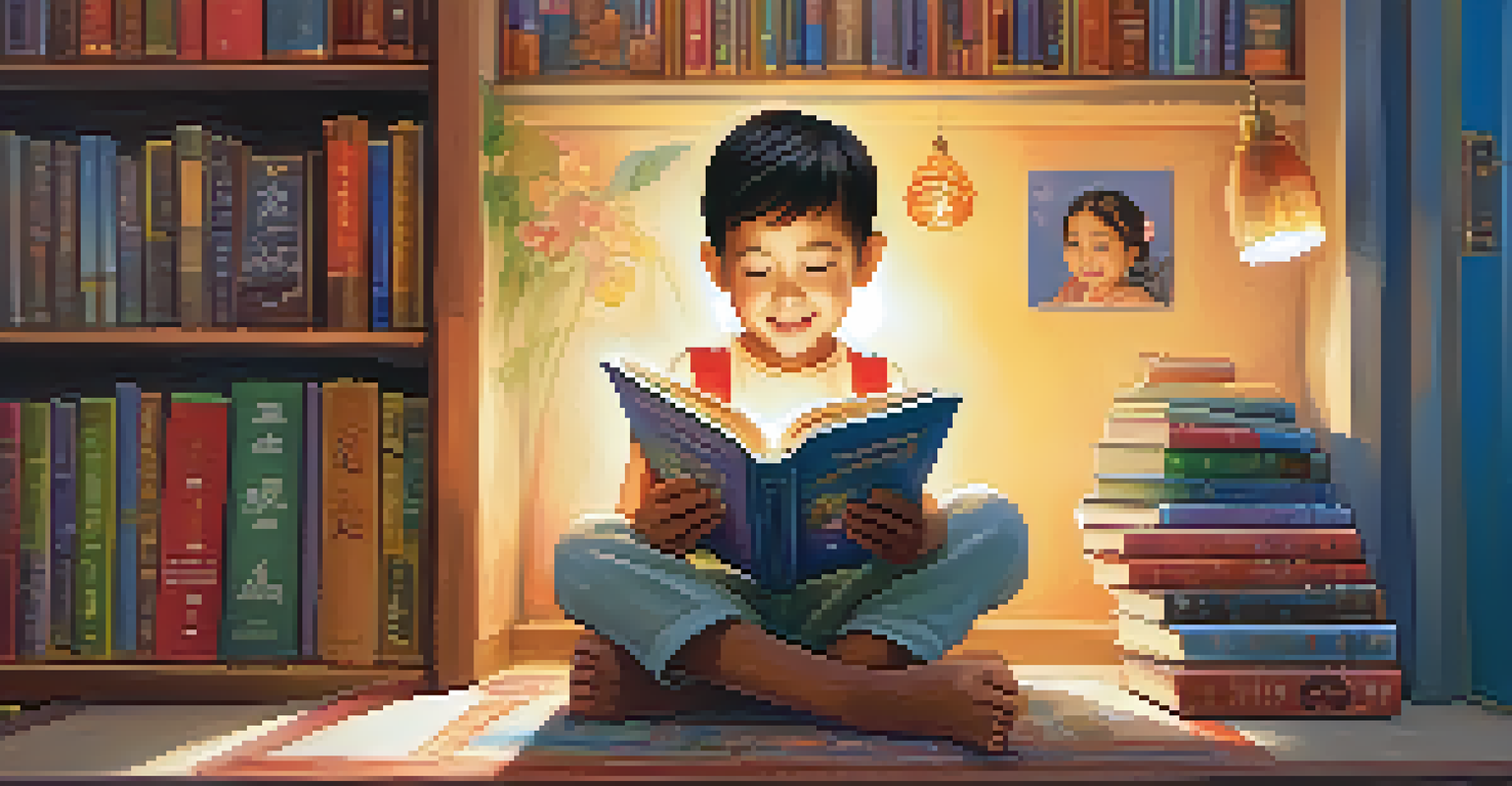A joyful bilingual child reading a colorful book in two languages, surrounded by a cozy nook filled with books and warm lighting.