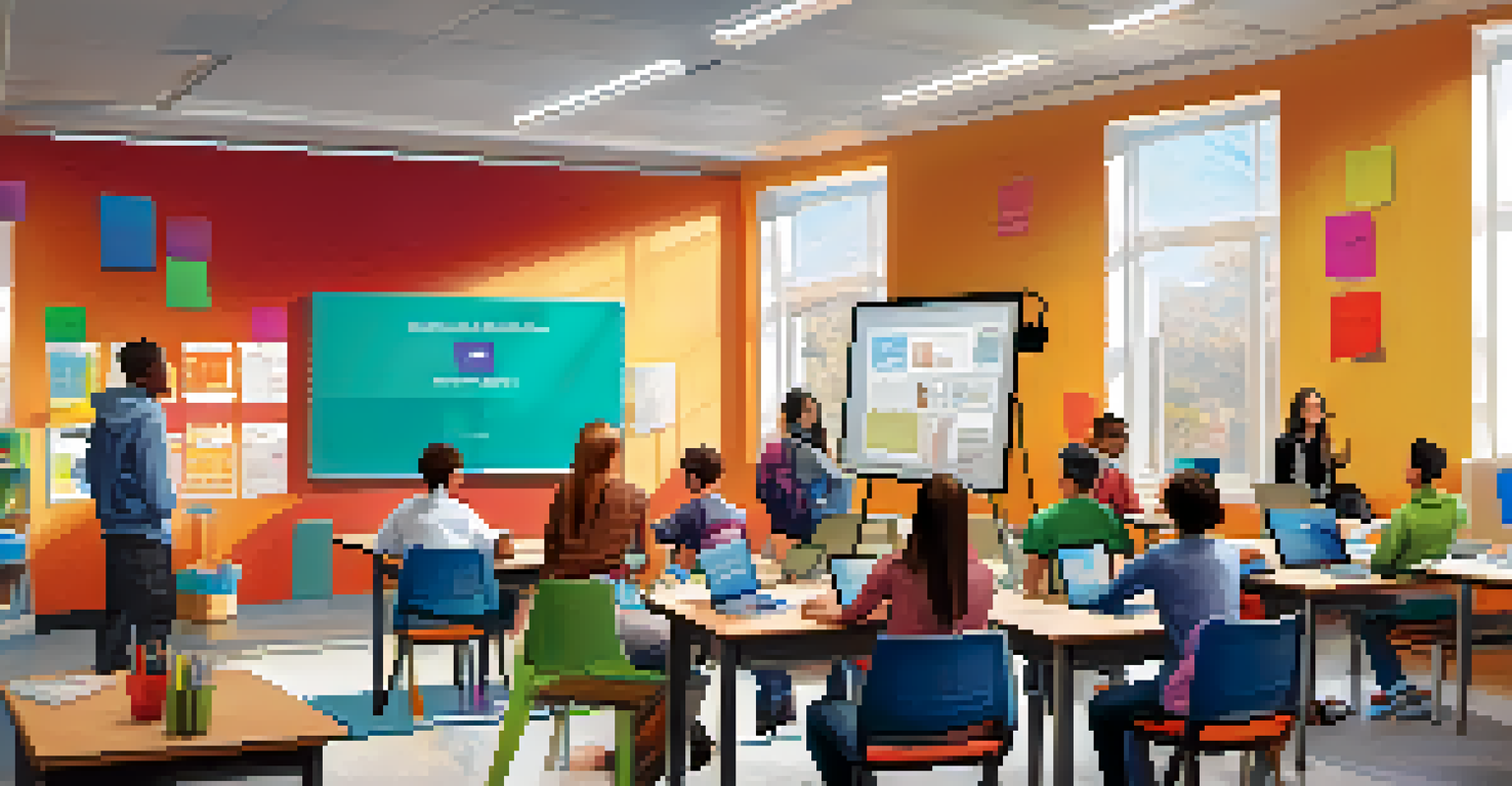 A vibrant classroom with students using laptops and discussing in groups, highlighting blended learning.