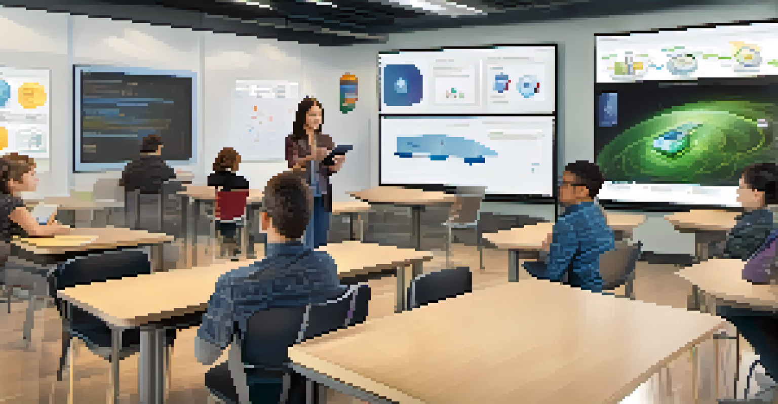 A modern classroom where a teacher uses AI technology to personalize learning for students, with interactive screens and a contemporary design.