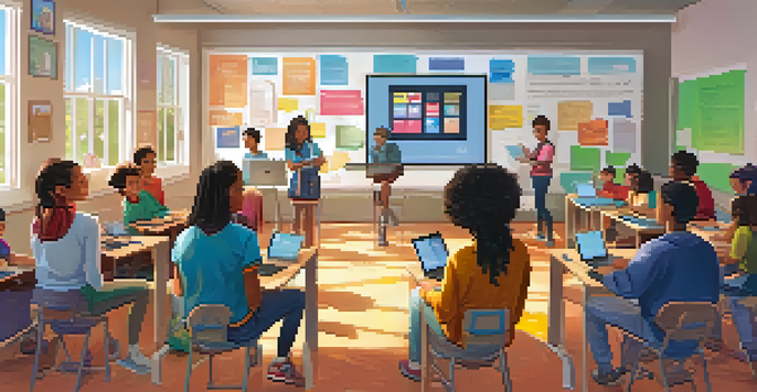 A classroom with students and a teacher engaged in a digital citizenship workshop, surrounded by colorful educational posters.