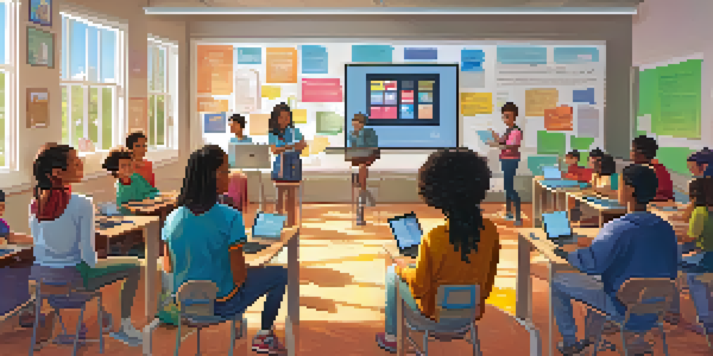 A classroom with students and a teacher engaged in a digital citizenship workshop, surrounded by colorful educational posters.