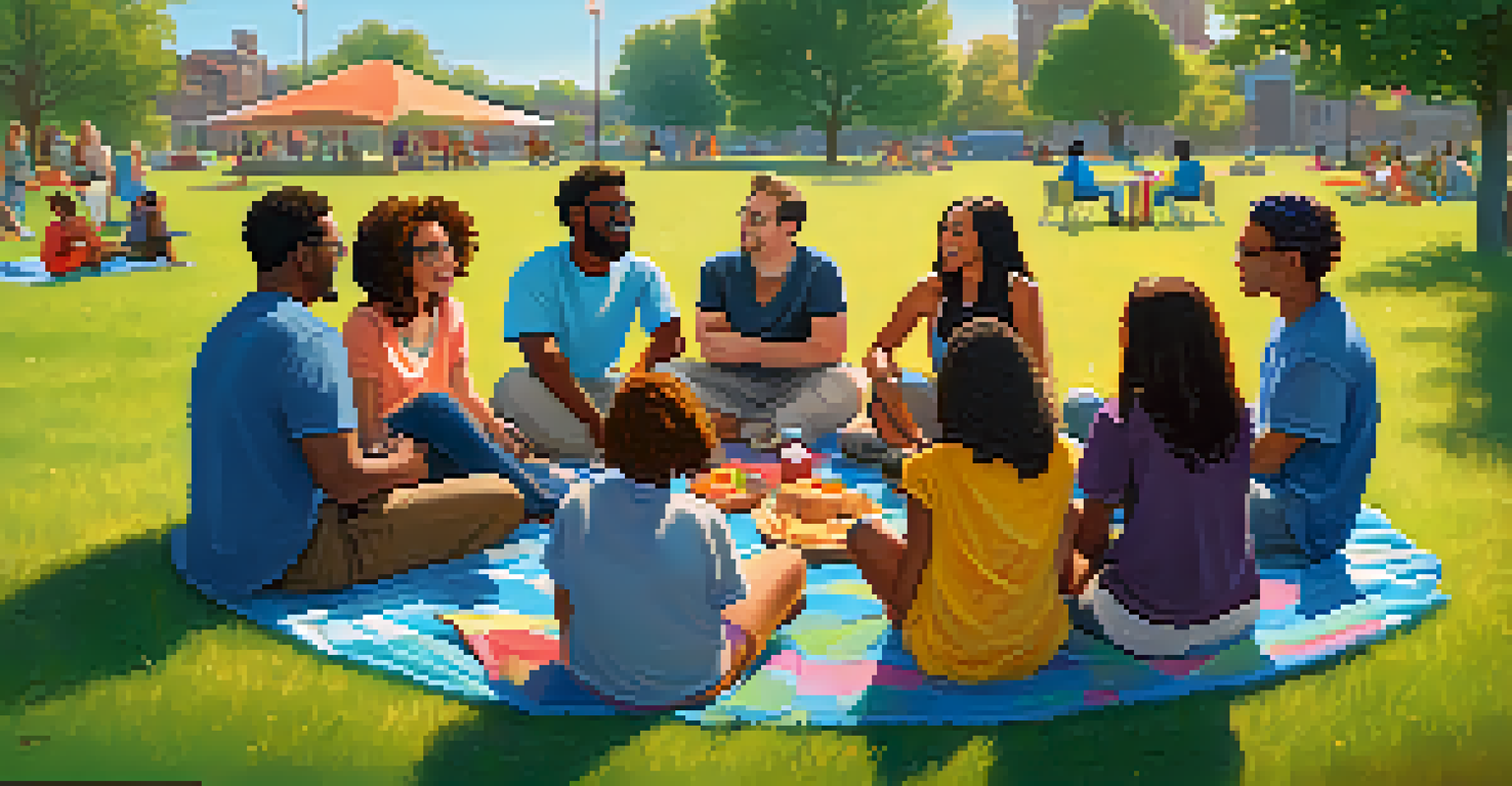 A diverse group of friends gathered in a park, sharing a laptop and discussing.