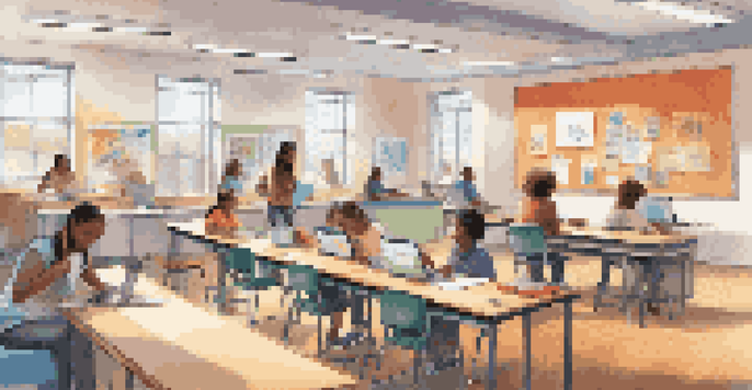 A modern classroom with students collaborating on digital devices and traditional desks, in a bright and colorful environment.