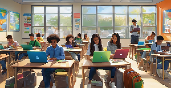 A vibrant classroom with diverse students engaged in mobile learning, using tablets and laptops in a bright environment.