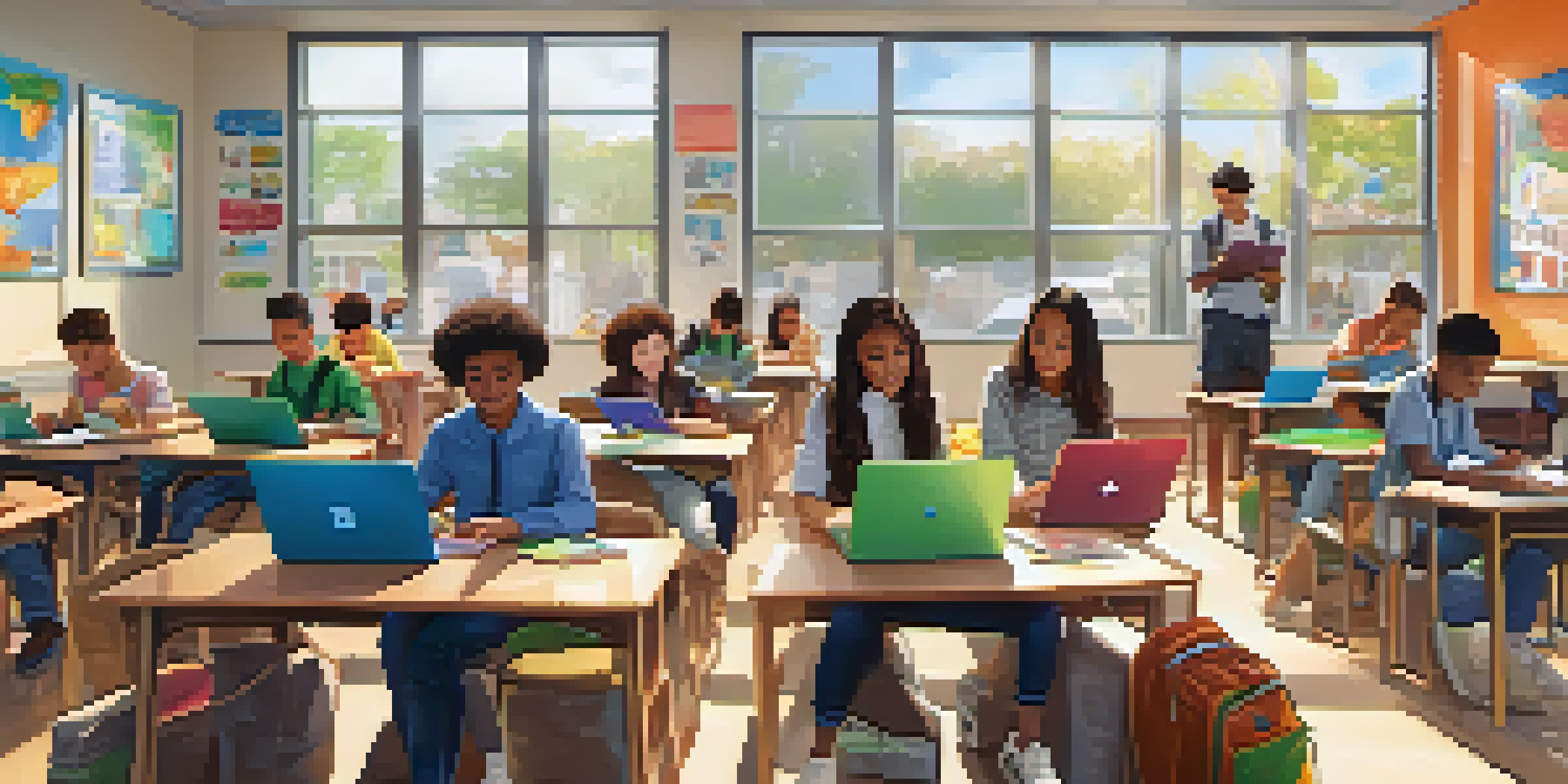 A vibrant classroom with diverse students engaged in mobile learning, using tablets and laptops in a bright environment.