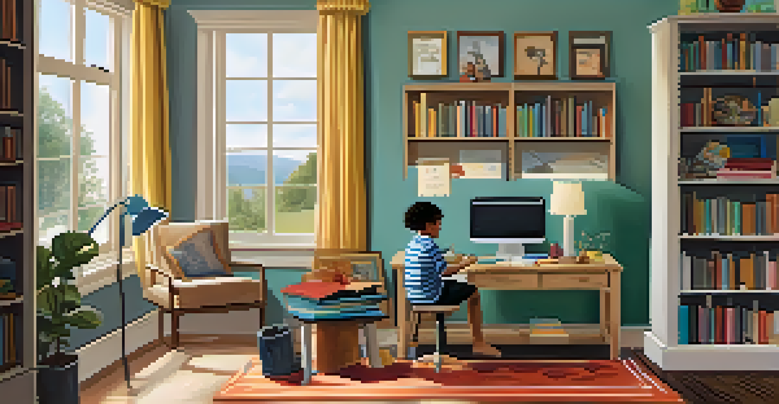 A child studying in a bright living room with a parent nearby for support.