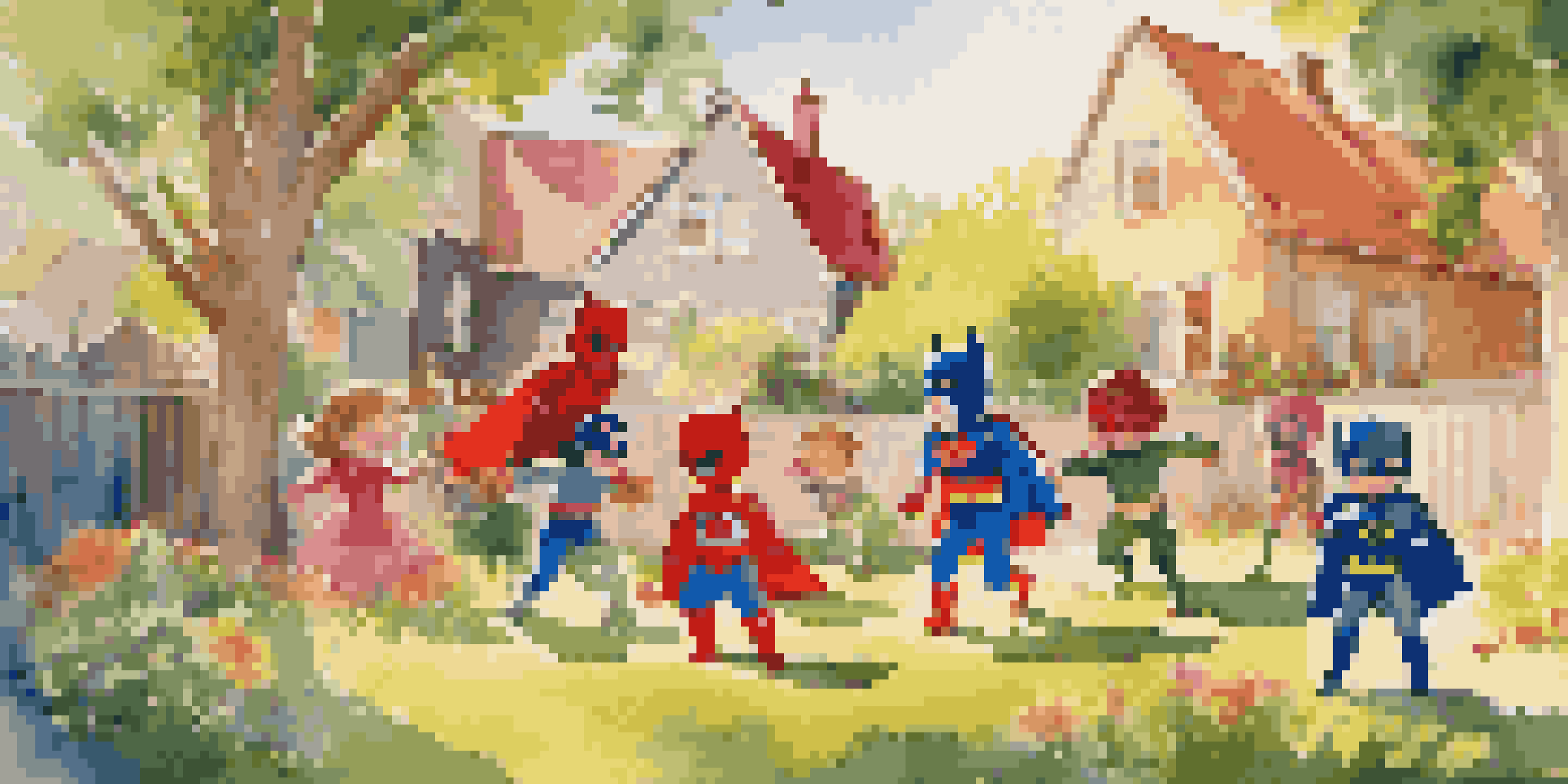 Children in superhero costumes playing with cardboard boxes in a sunny backyard, surrounded by flowers and trees.