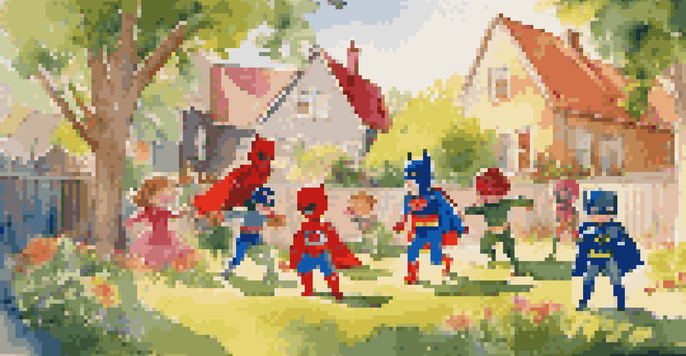 Children in superhero costumes playing with cardboard boxes in a sunny backyard, surrounded by flowers and trees.