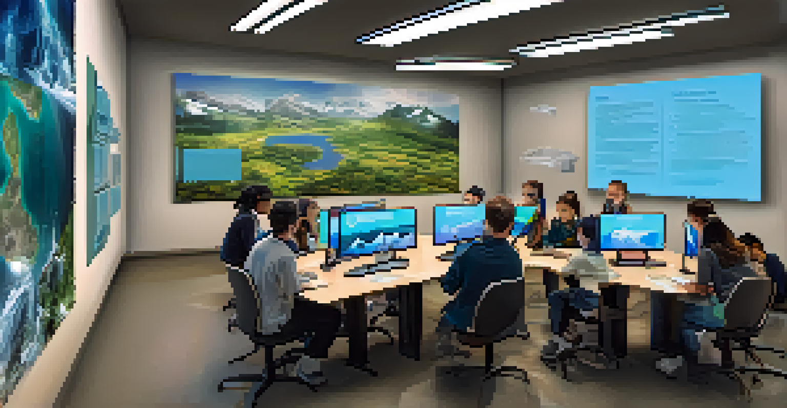 A modern classroom with students using augmented reality to explore a climate change case study, surrounded by holographic displays and interactive maps.