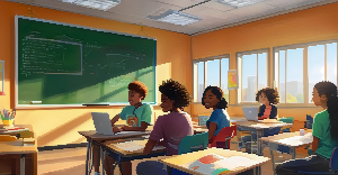A diverse group of students collaborating in a bright virtual classroom, using laptops and digital tools, with educational posters on the walls.