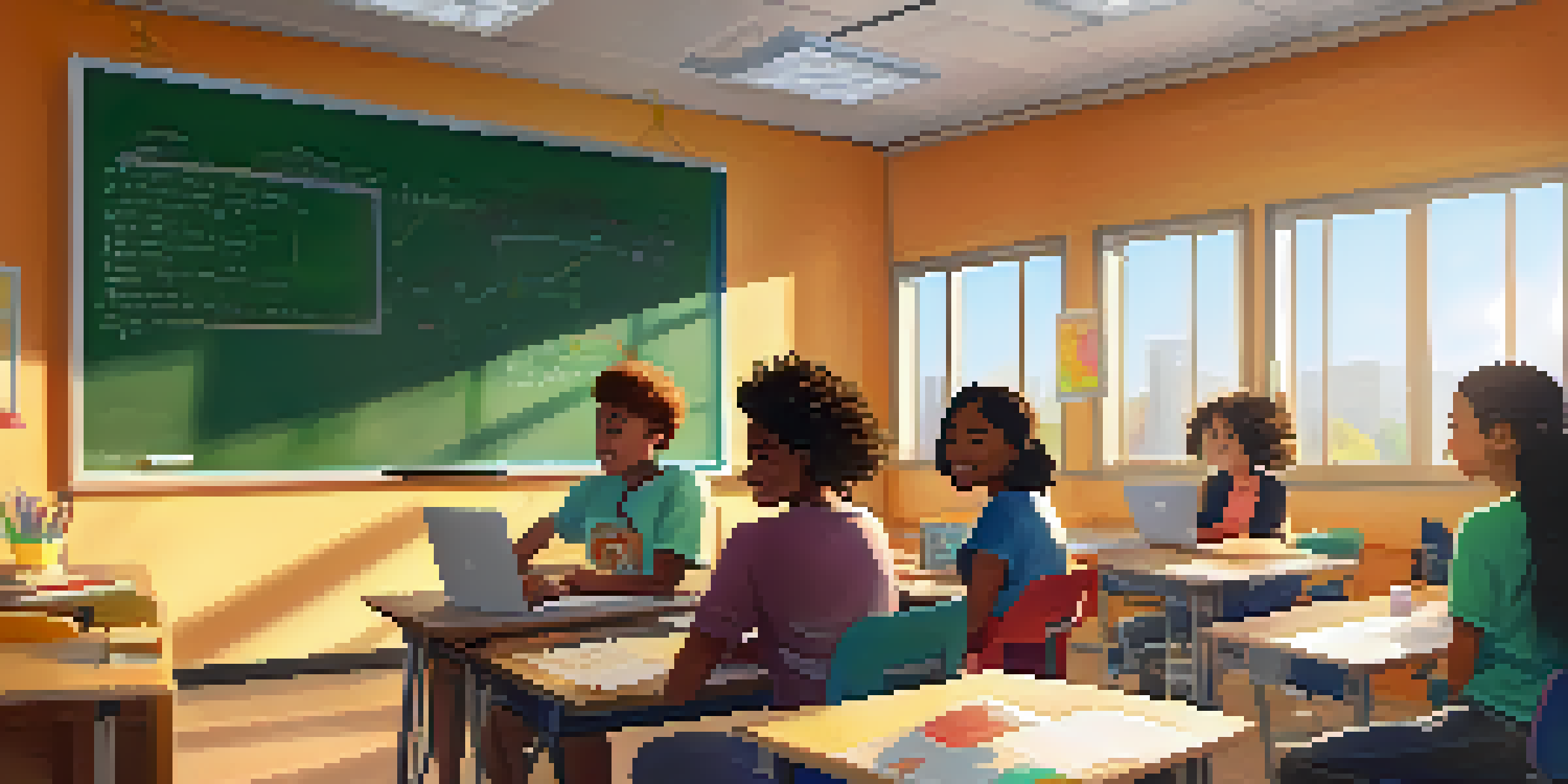 A diverse group of students collaborating in a bright virtual classroom, using laptops and digital tools, with educational posters on the walls.