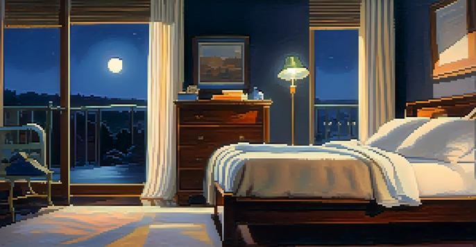 A cozy bedroom with soft blankets and moonlight filtering through curtains, creating a calming atmosphere for sleep.