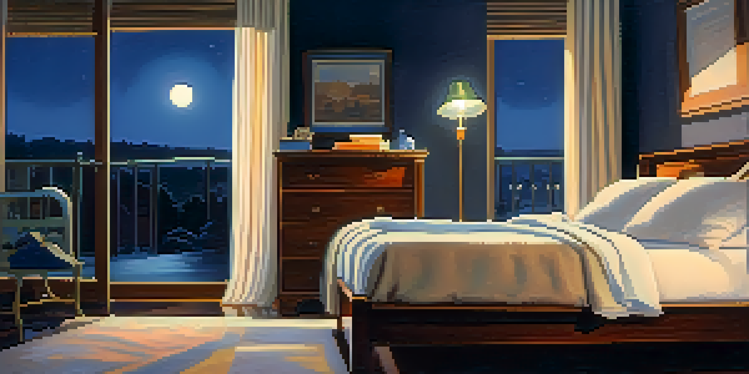 A cozy bedroom with soft blankets and moonlight filtering through curtains, creating a calming atmosphere for sleep.