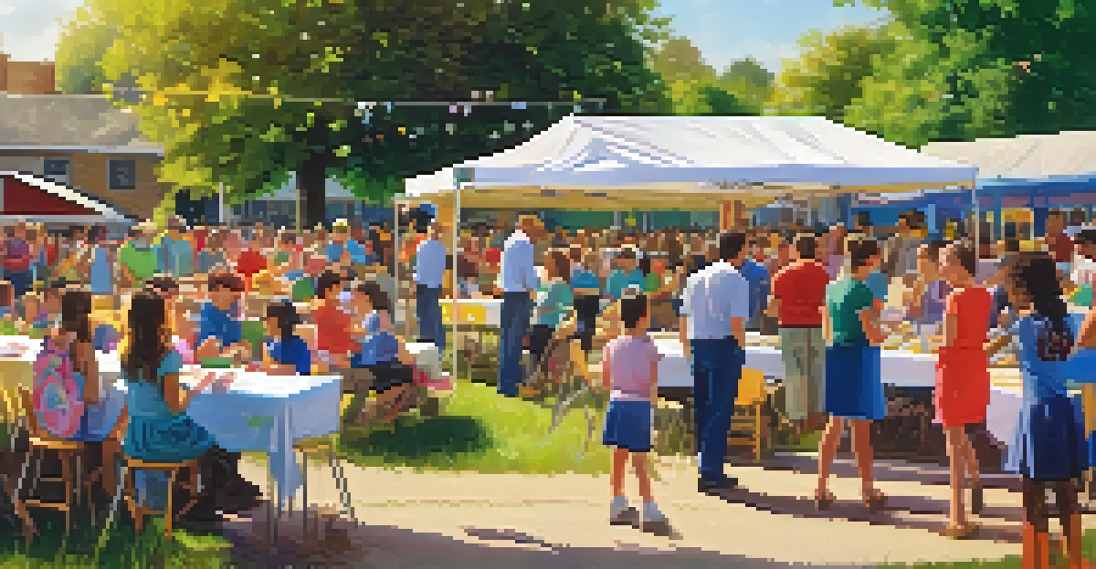 A rural community event celebrating student achievements with teachers and families gathered around colorful displays.