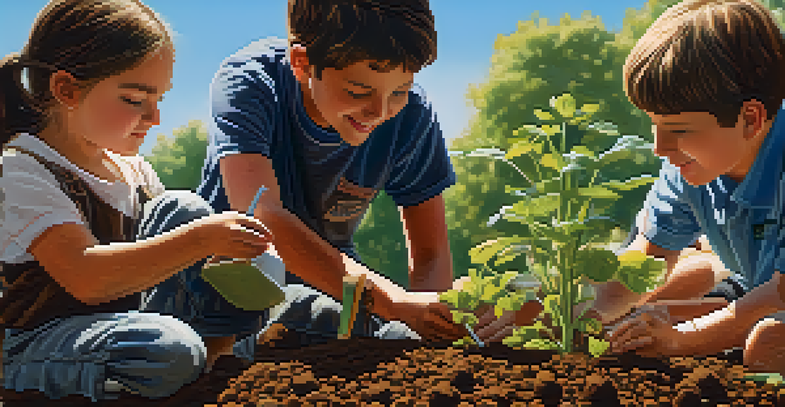 Students engaged in planting seeds in an outdoor setting, with various soil types and plants around them.