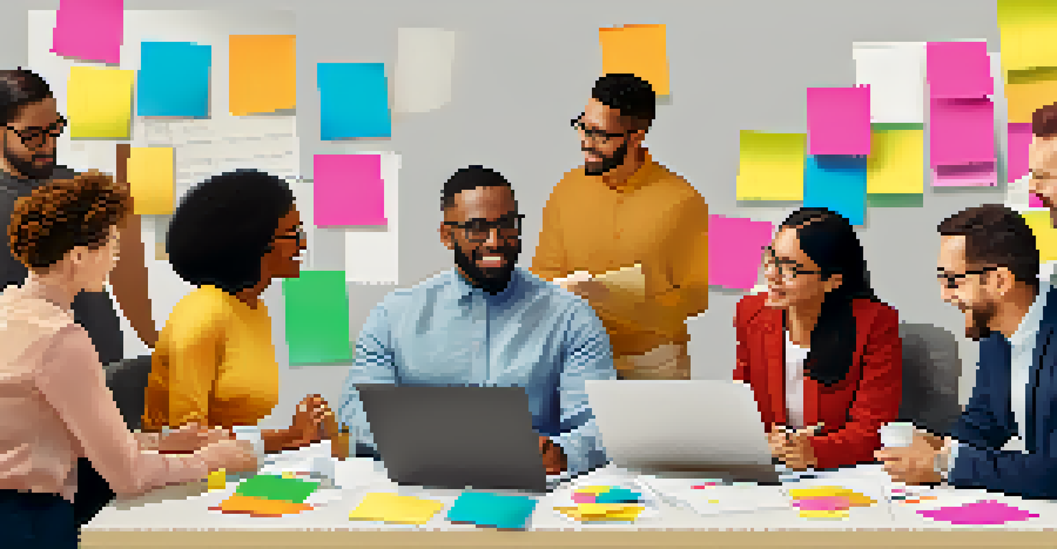 A group of diverse professionals discussing microlearning strategies at a table, with sticky notes and a laptop showing a learning management system.