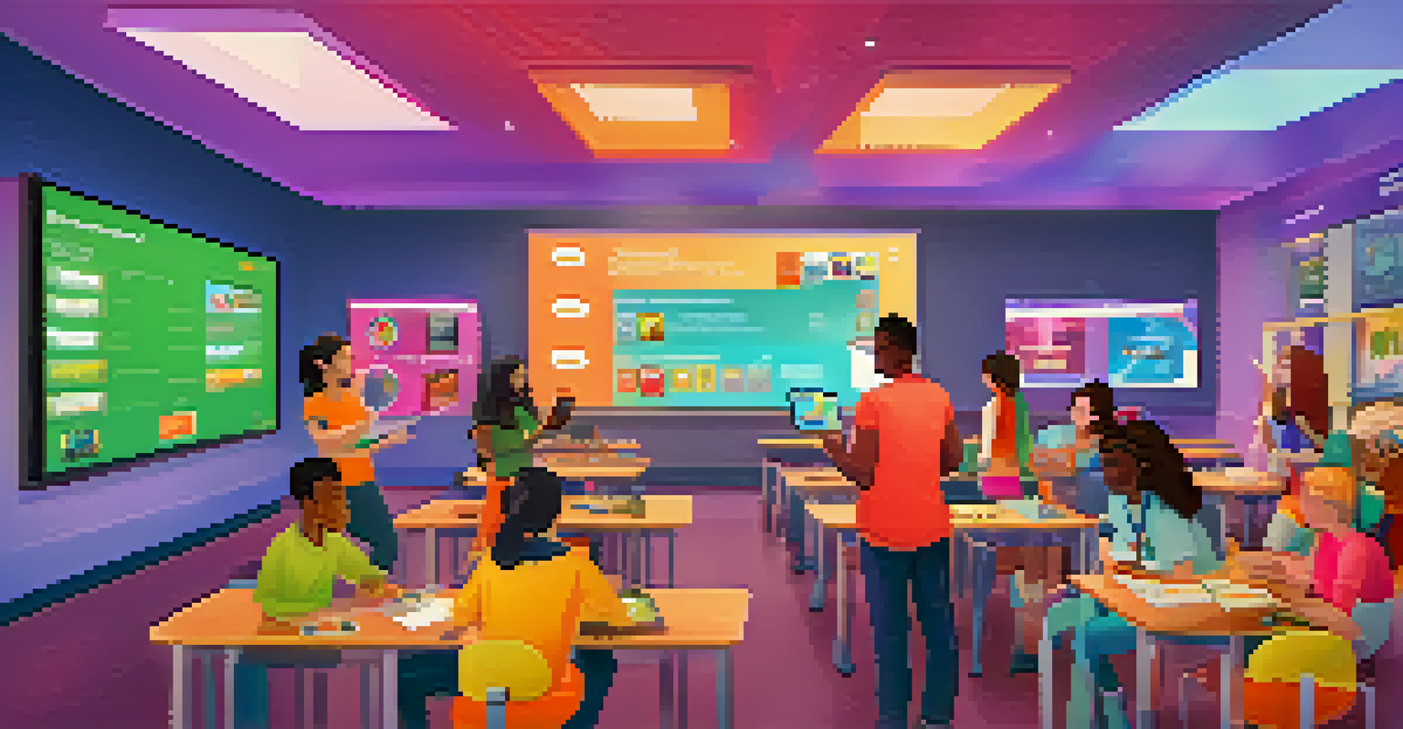 A classroom scene featuring students engaging with gamified learning elements displayed on digital screens and tablets.