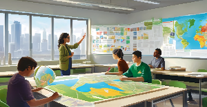 A collaborative classroom with educators discussing sustainability, featuring maps and models, bathed in natural light.