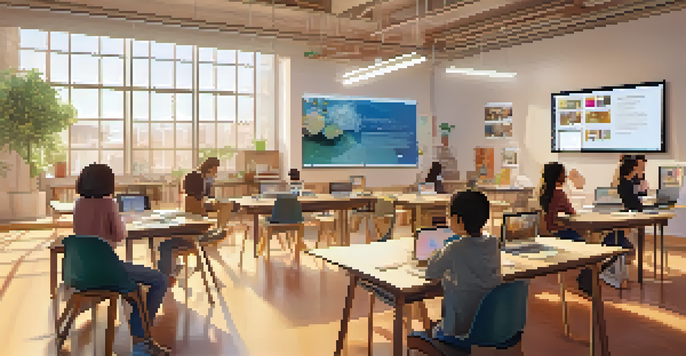 A virtual classroom environment with a digital board displaying projects, learners sharing ideas in a warm and inviting setting.