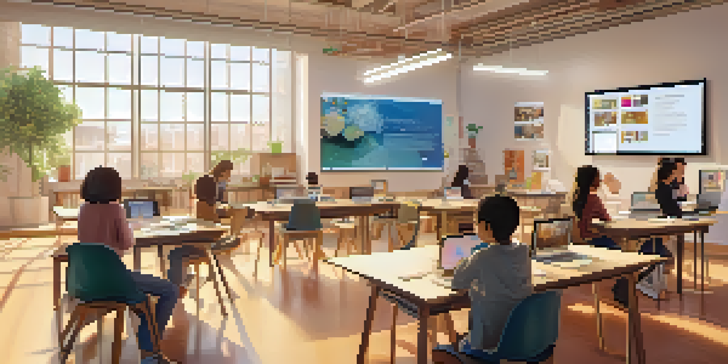 A virtual classroom environment with a digital board displaying projects, learners sharing ideas in a warm and inviting setting.
