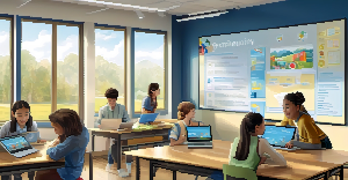 A bright and modern classroom with students engaged in learning using technology, guided by a teacher.